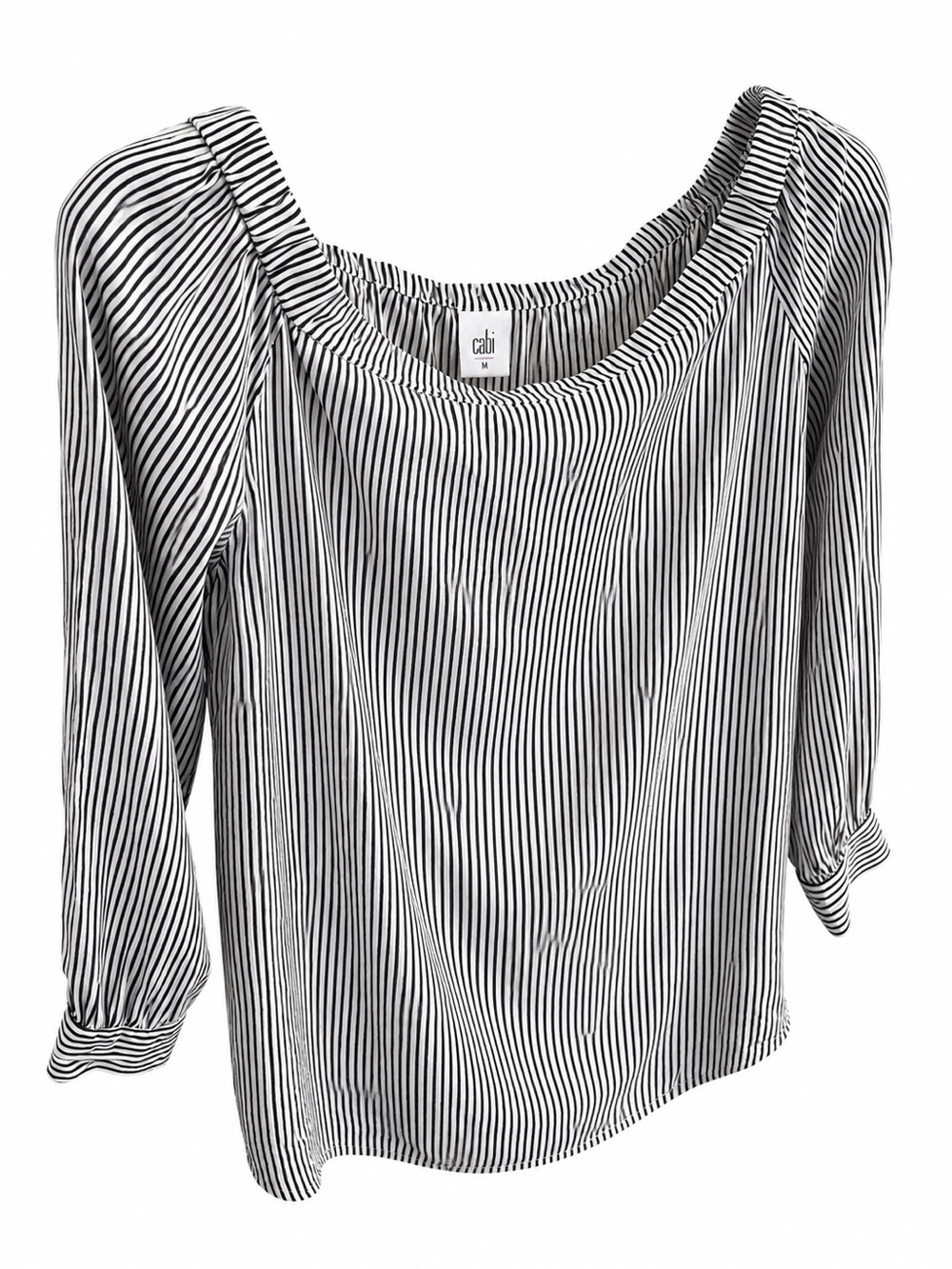CAbi Bridgette Blouse Medium 100% Silk Black White Pinstripe On/Off Shoulder Top